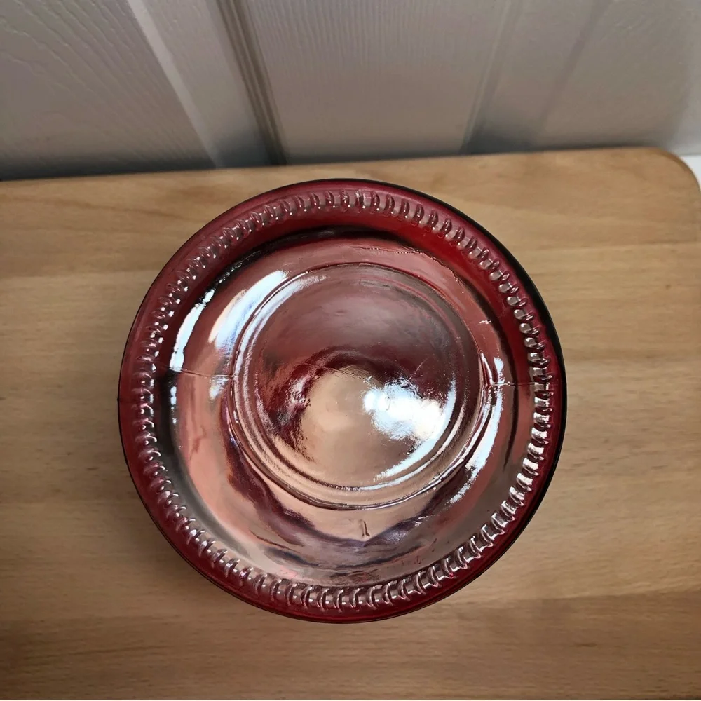 Genuine Crafted & Original Red Glass Ribbed Candle Holder with Metal Wire Handle